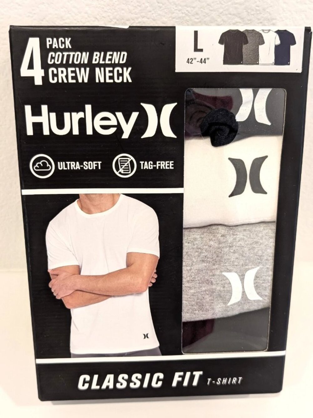Hurley Mens 4 Pack Cotton Blend Crew Neck T-Shirts Black Grey White Navy L New